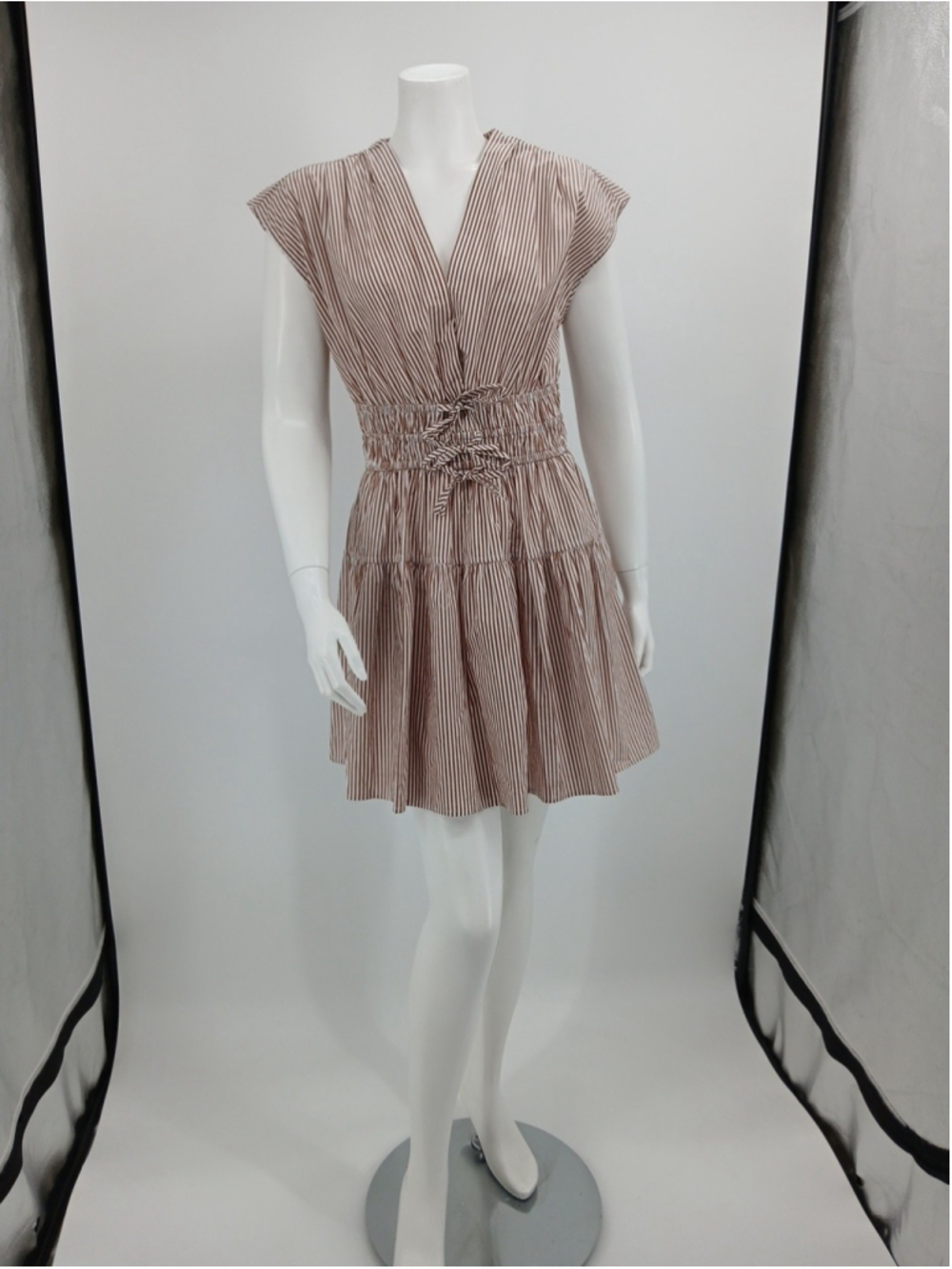 Nicole Miller Striped 100% Cotton Dress Size S Smocked Corset Waist V Neck